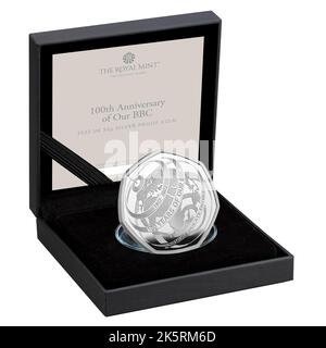 Undated handout photo issued by the Royal Mint of a 50p Silver Proof Coin which commemorates the BBC's centenary, which will feature an image of the late Queen as part of a sustainability drive. Picture date: Monday October 10, 2022. Stock Photo