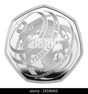 Undated handout photo issued by the Royal Mint of a 50p Silver Proof Coin which commemorates the BBC's centenary, which will feature an image of the late Queen as part of a sustainability drive. Picture date: Monday October 10, 2022. Stock Photo