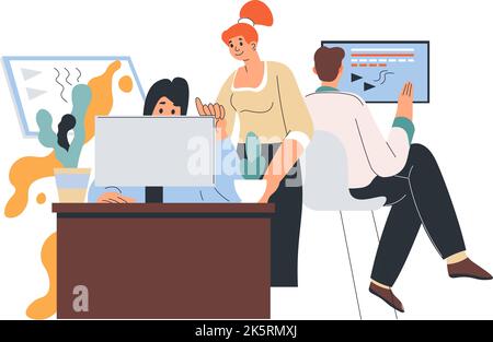 Teamwork employees working by computers in office Stock Vector
