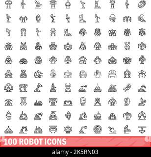 100 robot icons set. Outline illustration of 100 robot icons vector set isolated on white background Stock Vector