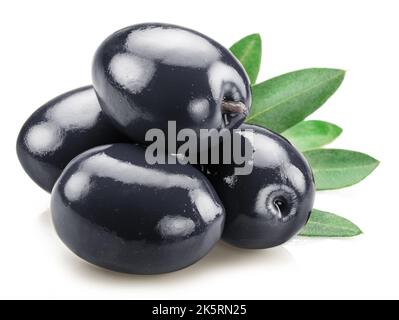 Whole black olives with olive leaves isolated on white background. Stock Photo