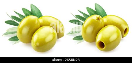 Green pitted olives and whole green olives with leaves isolated on white background. Stock Photo