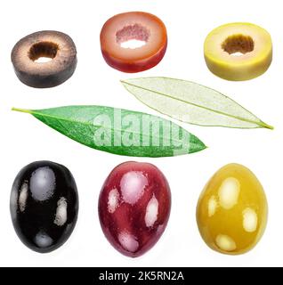 Set of kalamata, green and black olives, olive leaves and slices on white. File contains clipping paths. Stock Photo