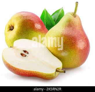 Ripe pears with green leaf isolated on white background. Stock Photo