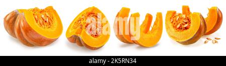 Orange round pumpkins and pumpkin slices and seeds isolated on white background. Stock Photo