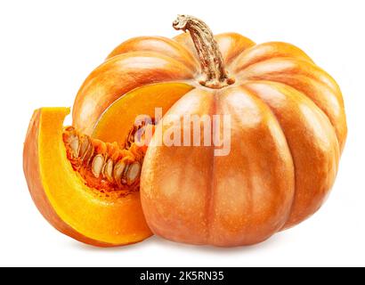 Orange round pumpkin and pumpkin slice isolated on white background. Stock Photo