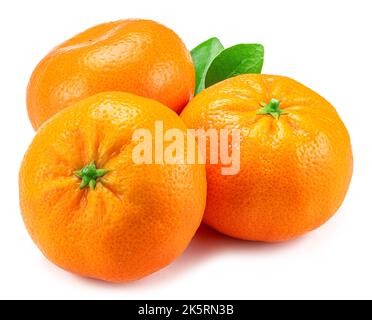 Three mandarin fruits with leaf  on white background. Stock Photo