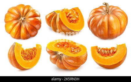 Orange round pumpkins,pumpkin slices with pumpkin seeds isolated on white background. Stock Photo