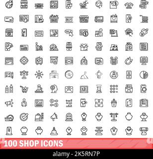 100 shop icons set. Outline illustration of 100 shop icons vector set isolated on white background Stock Vector