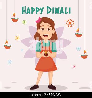 Cute Girl holding diwali lighting illustration Stock Photo