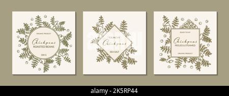 Set of hand drawn chickpeas botany frames. Vector illustration in sketch style. Design for packaging, logo, poster, badge, label Stock Vector