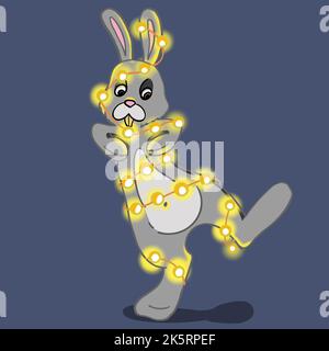rabbit dancing with garland christmas illustration happy new year Stock Vector