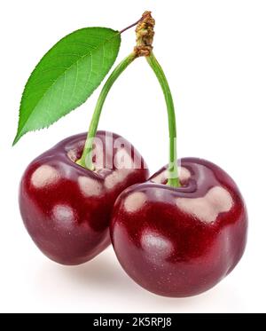 Sweet cherries with leaf isolated on white background. Stock Photo