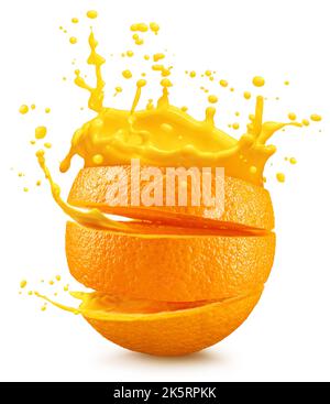 Sliced orange fruit splashing around orange juice on the white background. File contains clipping path. Stock Photo