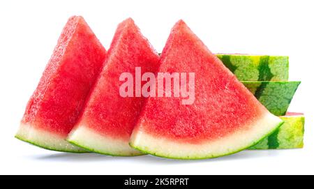 Three slices of watermelon without watermelon seeds isolated on white background. Stock Photo