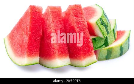 Three slices of watermelon without watermelon seeds isolated on white background. Stock Photo