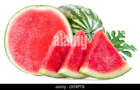 Three slices of watermelon with half and whole watermelon isolated on white background. Stock Photo