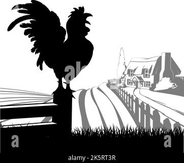farm animals rooster and chickens barn fence hay cartoon vector ...