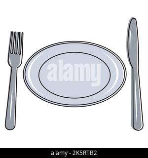 Cutlery fork and knife and plate, color vector isolated illustration. Stock Vector