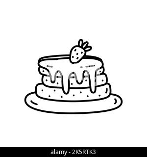 Cute pancakes with strawberry jam decorated with berries. Sweet food isolated on white background. Vector hand-drawn illustration in doodle style. Stock Vector