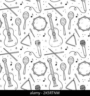 Cute seamless pattern with musical instruments - drumsticks, maracas, triangle, tambourine, microphone and guitar. Vector hand-drawn illustration Stock Vector