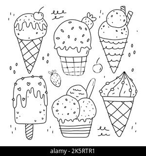 Doodle set of cute ice creams isolated on white background. Sweet food. Vector hand-drawn illustration in doodle style. Perfect for various designs Stock Vector