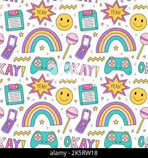 Bright seamless pattern with items from the nineties - retro flip phone, joystick, floppy disk, smile, chupa chups, stars and rainbows Stock Vector