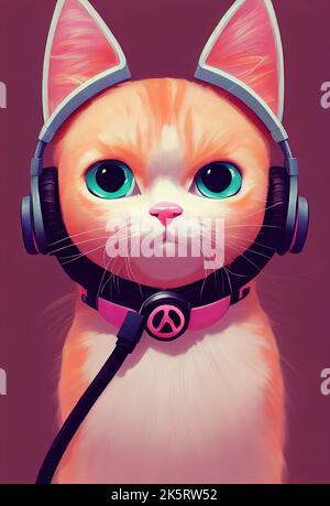 Cute Anime Girl with Headphone Digital Art Stock Illustration