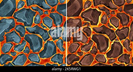 Lava, magma with stones in cartoon style seamless pattern background. Eruption effect, landscape. Texture, design. Vector illustration Stock Vector