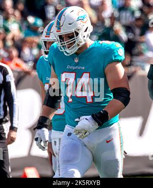 Miami Dolphins offensive tackle Liam Eichenberg (74) runs to the sidelines  during the first half of an NFL football game against the Houston Texans,  Sunday, Nov. 7, 2021, in Miami Gardens, Fla. (