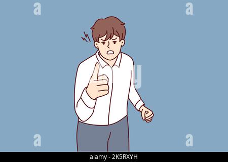 Angry man point at screen accuse or blame someone. Furious guy threaten