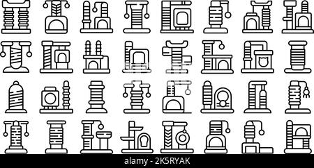 Cats scratching post icons set outline vector. Tree tower. Play furniture Stock Vector