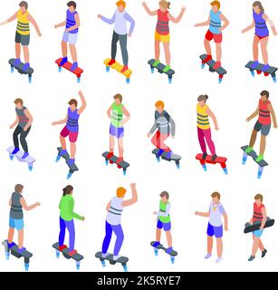 Flyboard icons set isometric vector. Activity adventure. Deep diver Stock Vector