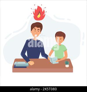 Education concept male teacher or father feeling angry to naughty schoolboy while standing. vector flat screaming at a child. Stock Vector