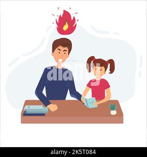 Education concept male teacher or father feeling angry to naughty schoolboy while standing. vector flat screaming at a child. Stock Vector
