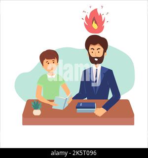 Education concept male teacher feeling angry to naughty schoolboy while standing. vector flat screaming at a child. Stock Vector