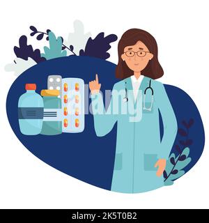 Time for your medicine, Medicine time concept. Medicine bottle, capsules, pills with clock on background in flat design. Medication time Stock Vector