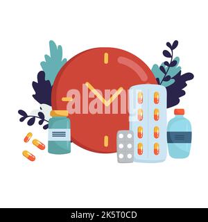 Time for your medicine, Medicine time concept. Medicine bottle, capsules, pills with clock on background in flat design. Medication time Stock Vector