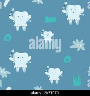 First tooth fairy kawaii seamless pattern with a girl teeth characters in a skirt and a crown. Pastel blue background with stars for tablecloth, texti Stock Vector