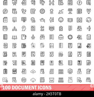 100 document icons set. Outline illustration of 100 document icons vector set isolated on white background Stock Vector