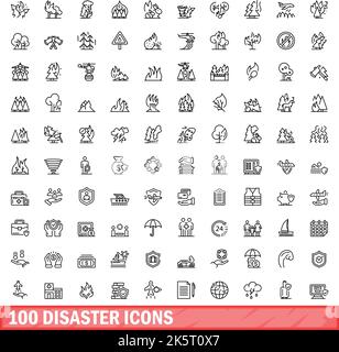 100 disaster icons set. Outline illustration of 100 disaster icons vector set isolated on white background Stock Vector