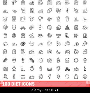 100 diet icons set. Outline illustration of 100 diet icons vector set isolated on white background Stock Vector