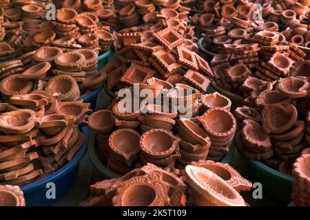 diya or clay lamp at market during Diwali festival in India. Stock Photo