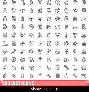 100 diet icons set. Outline illustration of 100 diet icons vector set isolated on white background Stock Vector