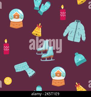Holiday Seamless Pattern, Christmas Cookies. scarf, glass ball, candle, hat, jacket, bell, skates Xmas winter poster collection. Creative texture for Stock Vector