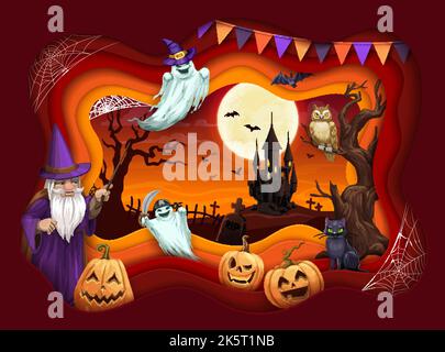 Halloween paper cut background with pumpkin, sorcerer and ghost characters. Halloween papercut vector backdrop or wallpaper with wizard, witch black cat and ghost personages, cemetery and scary castle Stock Vector