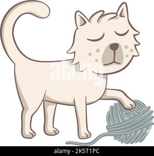 Cute illustration of a cat holding a ball of yarn with its paw. Vector illustration on white background. Stock Vector