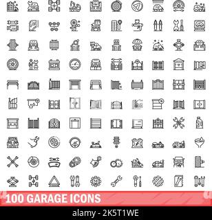 100 garage icons set. Outline illustration of 100 garage icons vector set isolated on white background Stock Vector