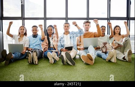 Young people, diversity and with fist in air for protest, solidarity and being serious or sign of stand together. Iran woman, students and with Stock Photo