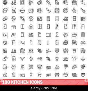 100 kitchen icons set. Outline illustration of 100 kitchen icons vector set isolated on white background Stock Vector